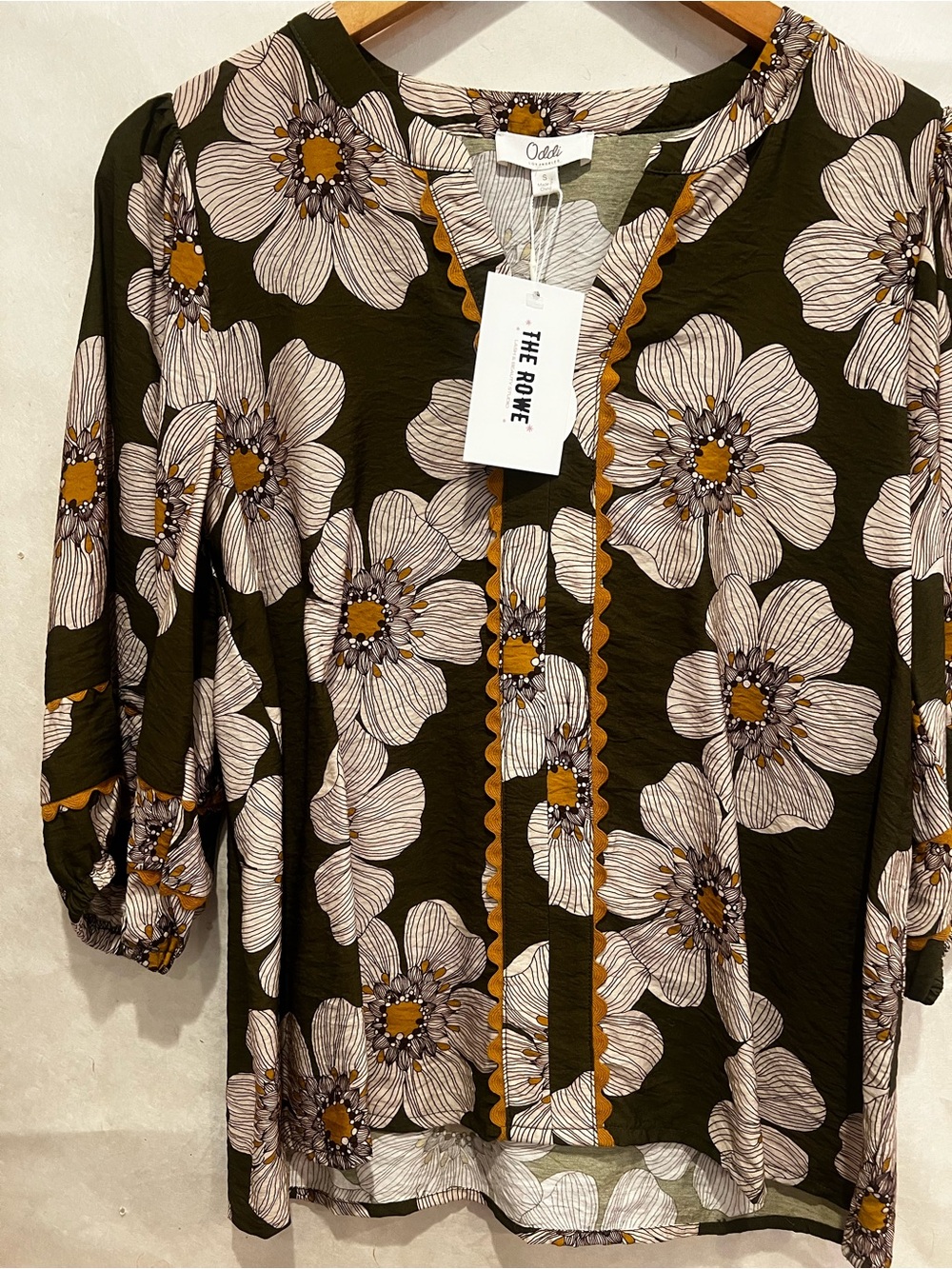 Oddi Olive Floral Popover Blouse with Mustard Trim small NWT